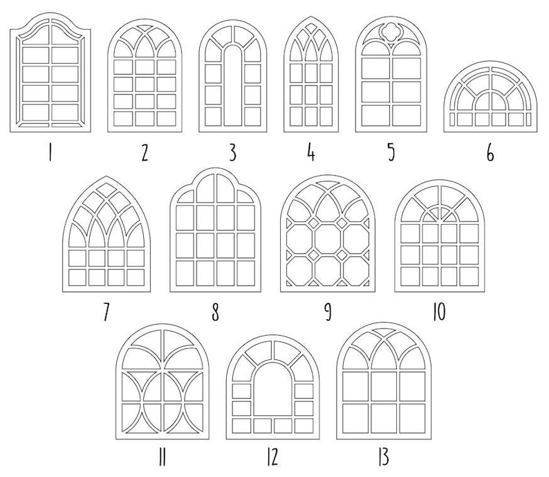 Op de afbeelding: Een set van 13 zwart-witte lijntekeningen van verschillende boogvensterontwerpen. De ramen zijn genummerd van 1 tot en met 13.