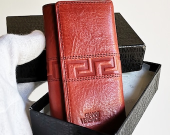VERSACE Vintage Keychain Greek Key Holder Wallet Leather Gianni