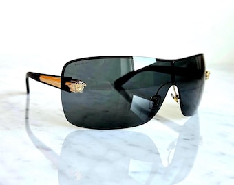 VERSACE Vintage Sunglasses Black Gold Medusa Square Frameless Mask