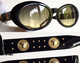 VERSACE Vintage Sunglasses Gold Black 527/B Oval Medusa Gianni 90s