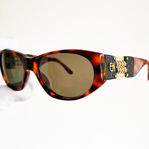 EMMANUELLE KHANH Lunettes de soleil ovales vintage masque fabriqué en France Paris or marron perles strass strass 9490 monture en cuir noir
