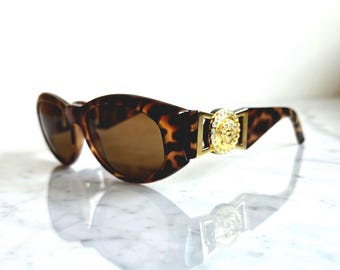 VERSACE Vintage Sunglasses Blue Gold Medusa Aviator Wrap Mask