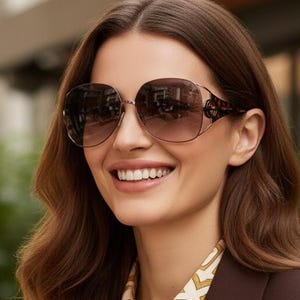 May include: A woman wearing large, round, brown sunglasses with a dark tint. She is smiling and wearing a brown blazer over a patterned blouse. The sunglasses have a decorative element on the temples.