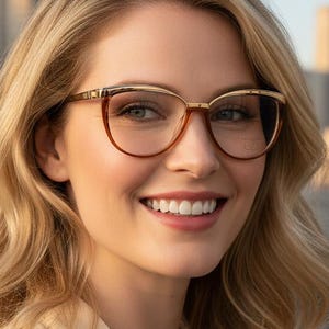 Op de afbeelding: Een vrouw draagt een bruine en goudkleurige bril en glimlacht voor een stadsgezicht. De bril heeft een rechthoekige vorm met een gouden accent op de bovenkant van het montuur. Ze heeft blond haar en draagt een crèmekleurige top.