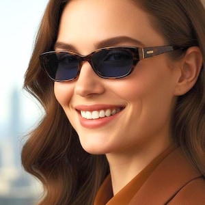 Può includere: Occhiali da sole marroni tartarugati con lenti blu scuro. Gli occhiali hanno una forma rettangolare. La persona indossa un blazer marrone e una camicia con colletto. La persona sorride.