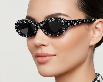 CHANEL Sunglasses Vintage CC White Monogram Logo Black Oval 2262