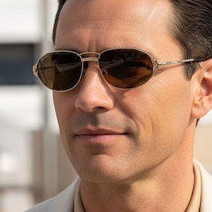 May include: Oval-shaped sunglasses with a gold-colored frame and brown lenses. The sunglasses are worn by a person wearing a light beige blazer and a tan collared shirt. The background is blurred, with a boat visible.