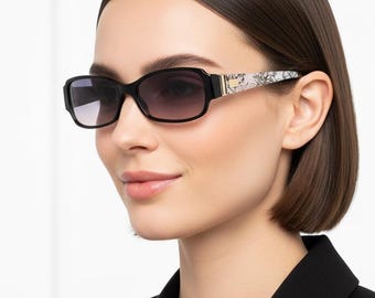 GUCCI Vintage Sunglasses Oval Rectangular Black White Flowers Gold