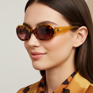 VOGUE vintage sunglasses oval yellow leopard pattern print spotted 2147-S purple pink lens 90s