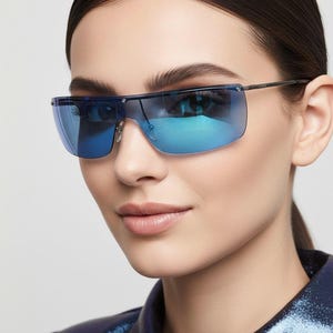 May include: Rimless sunglasses featuring a single continuous blue mirrored lens that wraps across the front. The eyewear has thin, dark metallic temples and a bridge design that connects the lens directly to the frame structure for a sleek look.