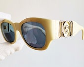 VERSACE vintage sunglasses rare white cream oval rectangular wrap silver medusa Gianni 413 B mask frame light blue NEW with defect Migos 90s