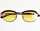 Small oval Gold filled plated sunglasses vintage rare L 39 AMY LAMY english browline Rihanna Lady Gaga tiny brown frame new yellow mirror lens