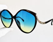 DIOR vintage sunglasses rare black gold square cateye Christian 2280 frame rhinestone butterfly made in Germany oversize blue yellow lens