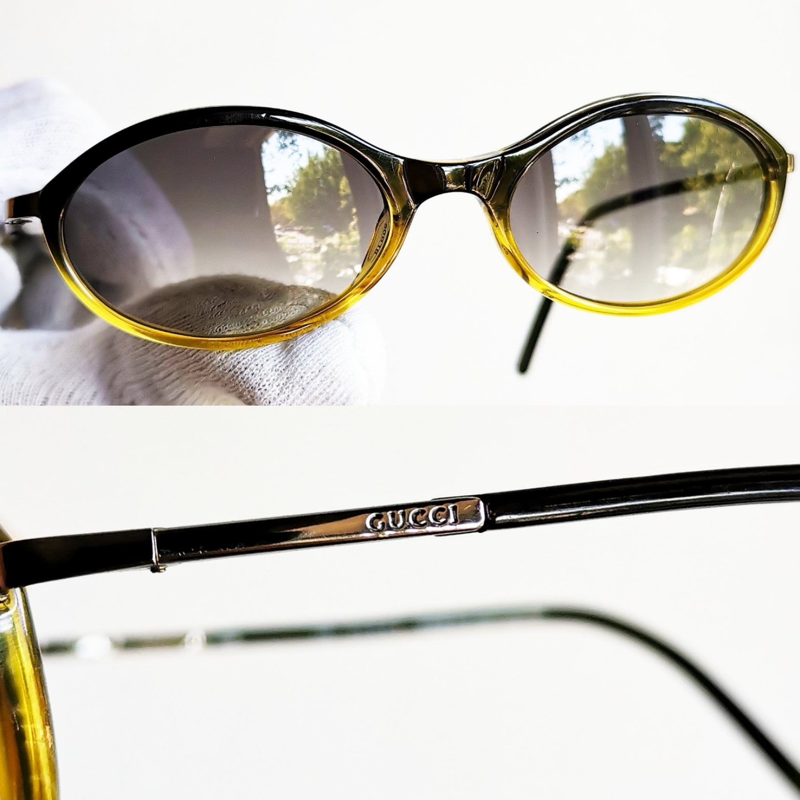 GUCCI Vintage Sunglasses Oval Small Black Dark Green Yellow Silver