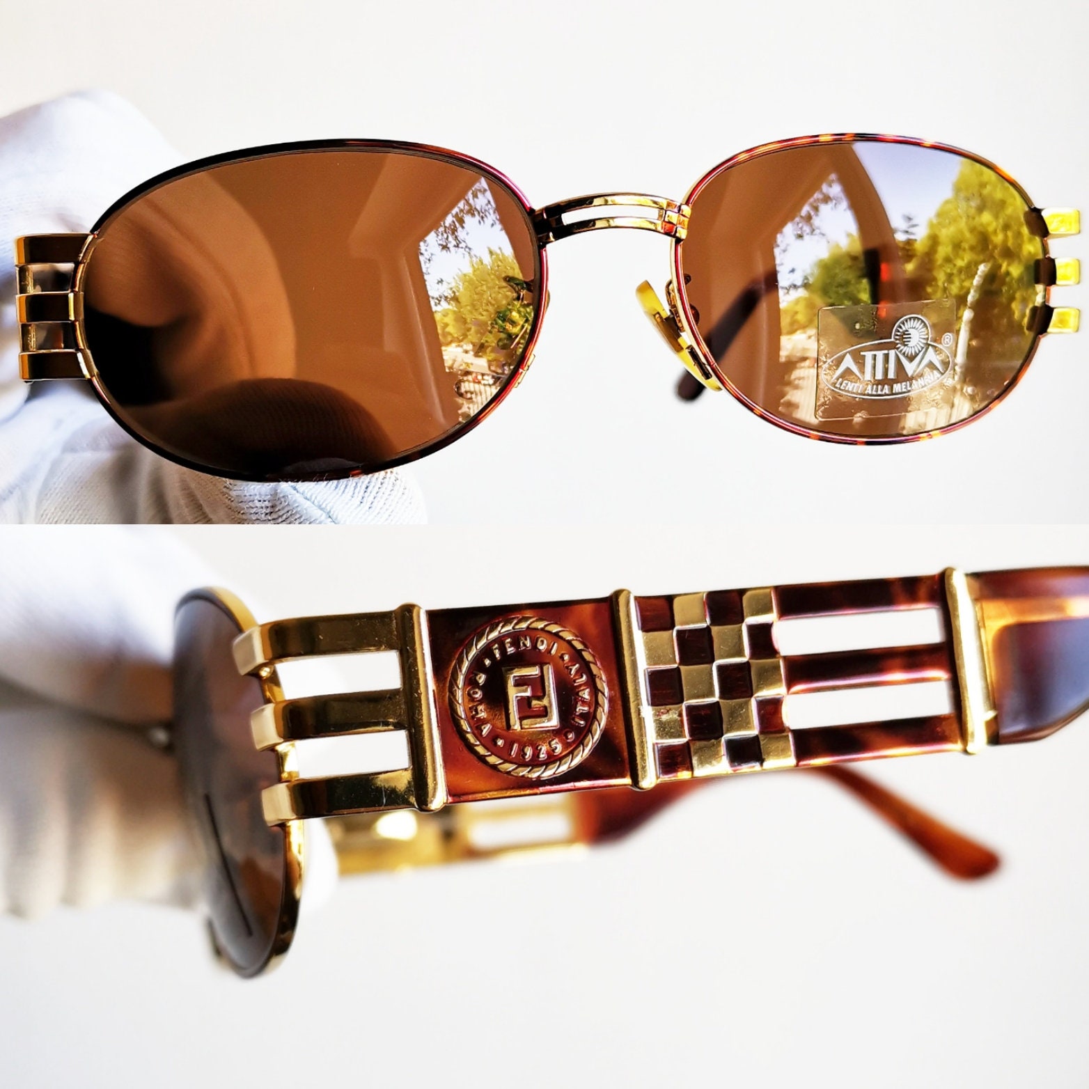 FENDI Vintage Sunglasses Oval Gold Tortoise Brown Lens