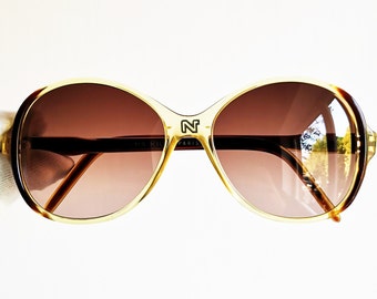NINA RICCI vintage sunglasses rare round squared 153-052C brown clear gold frame hand made in France butterfly odd boho French style diva