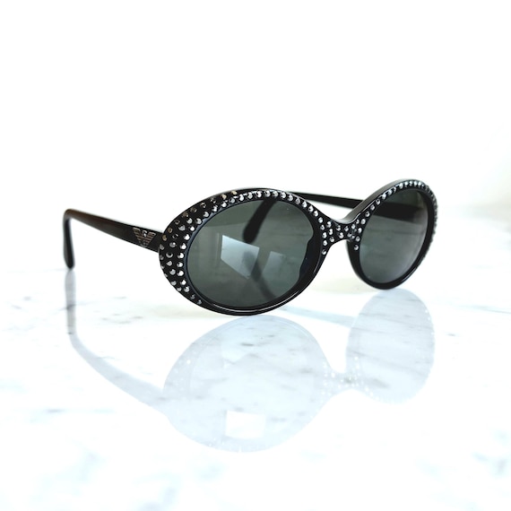 ARMANI Vintage Sunglasses Black Silver Mirror Studs Rhinestones