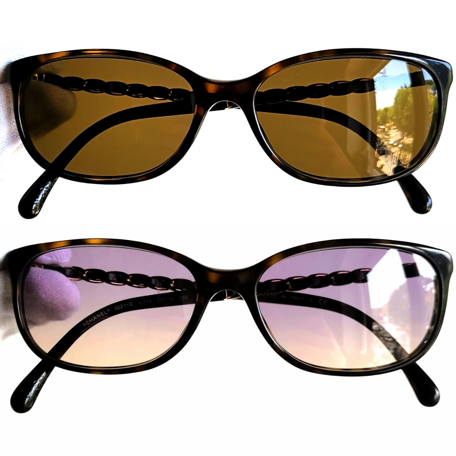 CHANEL Vintage Sunglasses Gold Chain Cateye Leather Temple  display picture 2