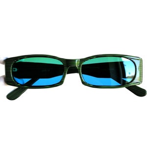 GUFI vintage sunglasses acid green black stripes pinstripe rare oval rectangular Migos designer Lady Gaga Rihanna frame flat blue lens 90s