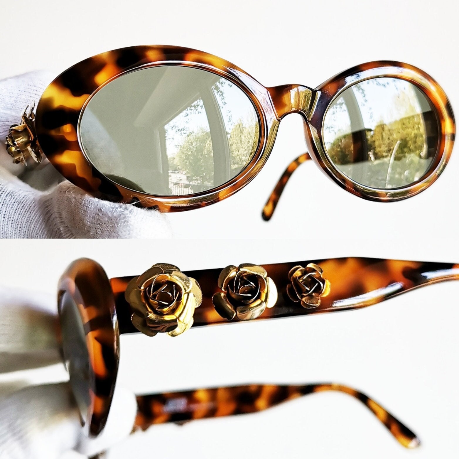 VERSACE Vintage Sunglasses Rare Oval Gold Roses Flowers