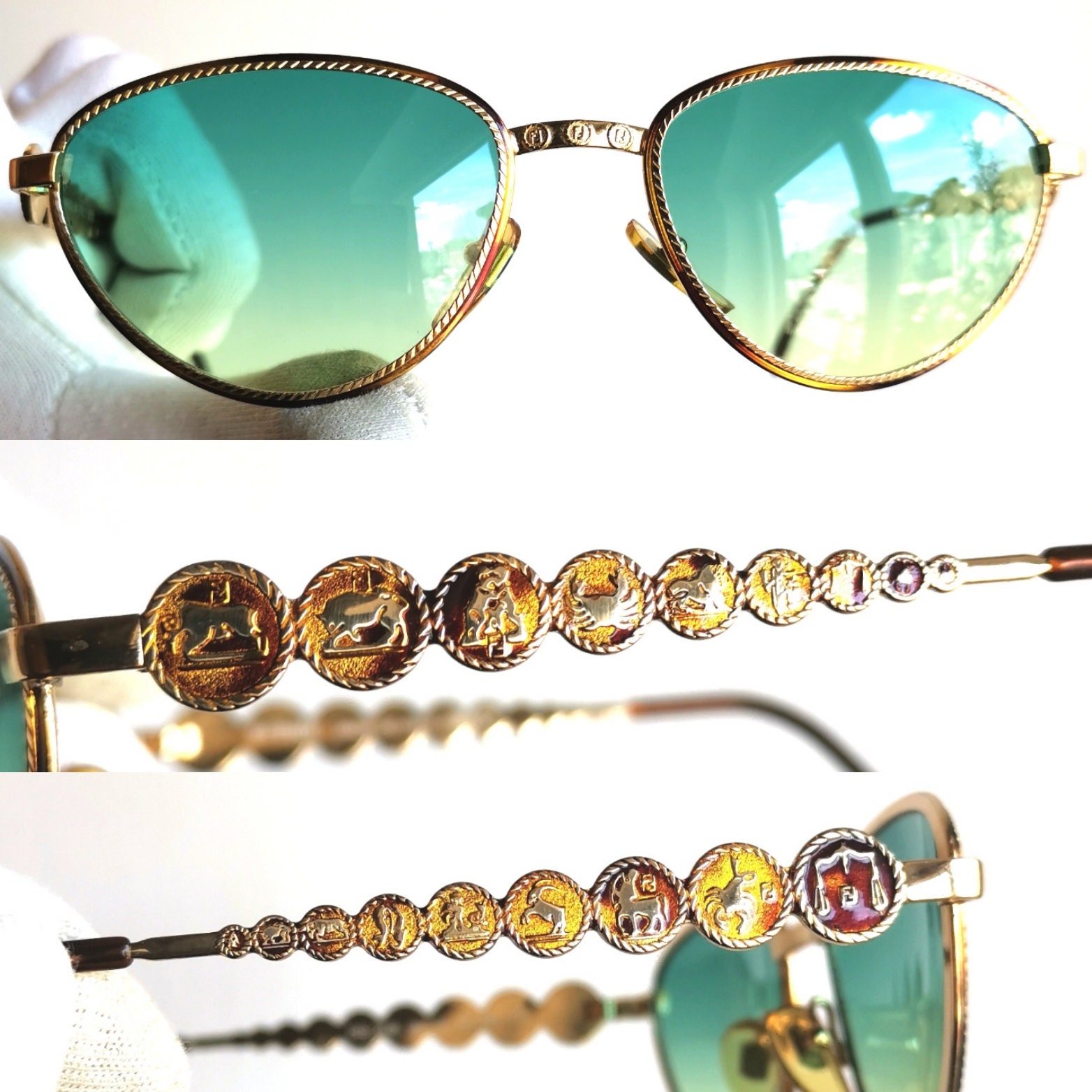 FENDI Vintage Sunglasses Oval Gold Brown Rare FF Frame FS216