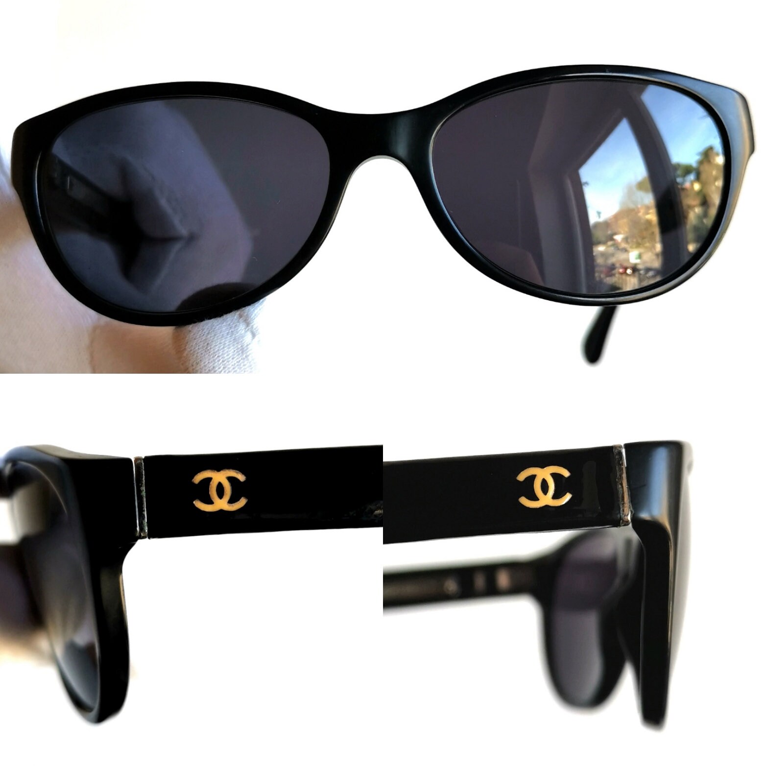CHANEL Vintage Sunglasses Leather Insert Temple Oval Cateye