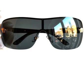 VERSACE Vintage Sunglasses Black Gold Medusa Square Frameless Mask