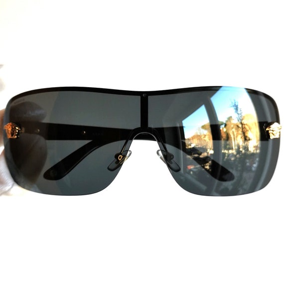 VERSACE Vintage Sunglasses Black Gold Medusa Square Frameless Mask
