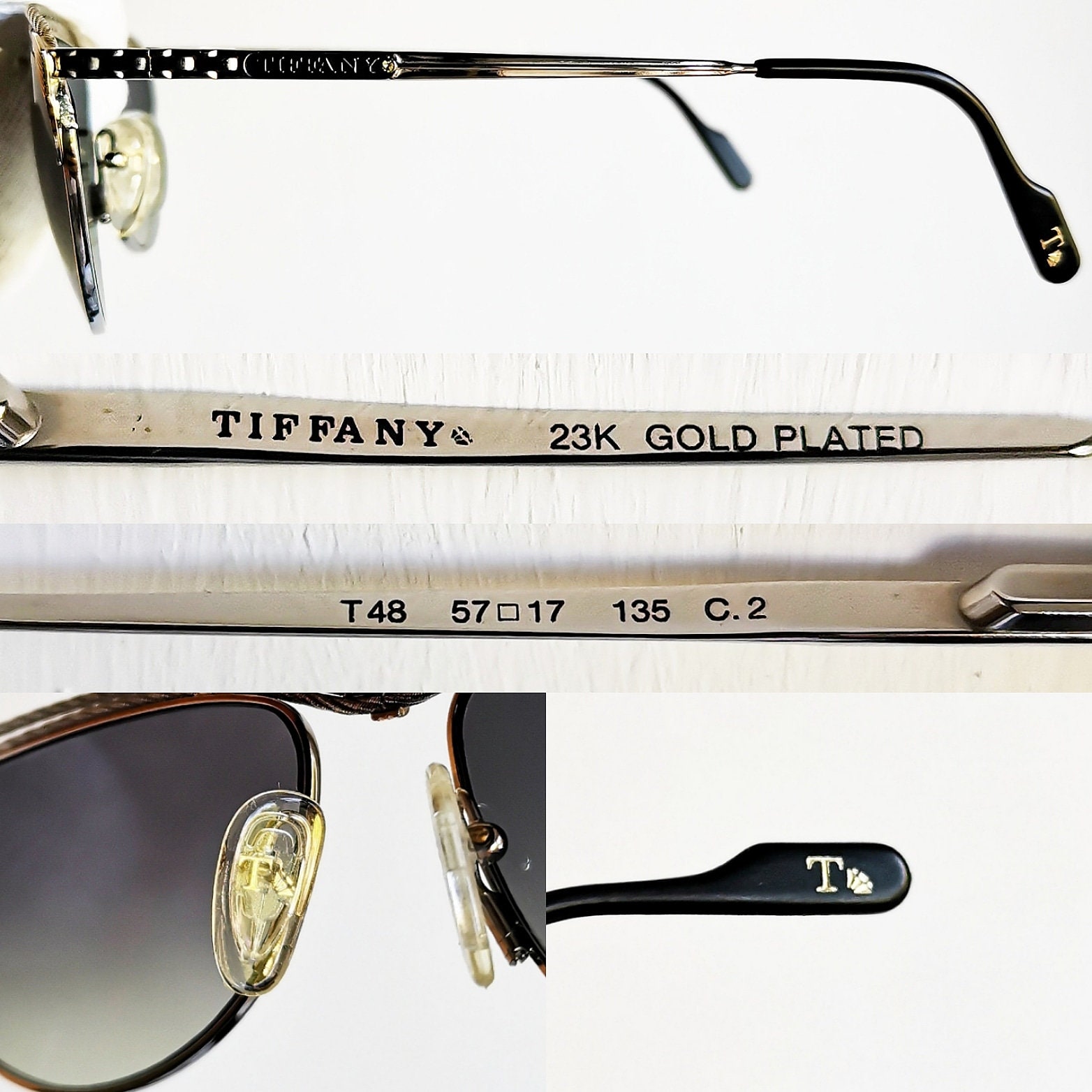 TIFFANY 23K Gold Plated Vintage Sunglasses Silver Gray Aviator