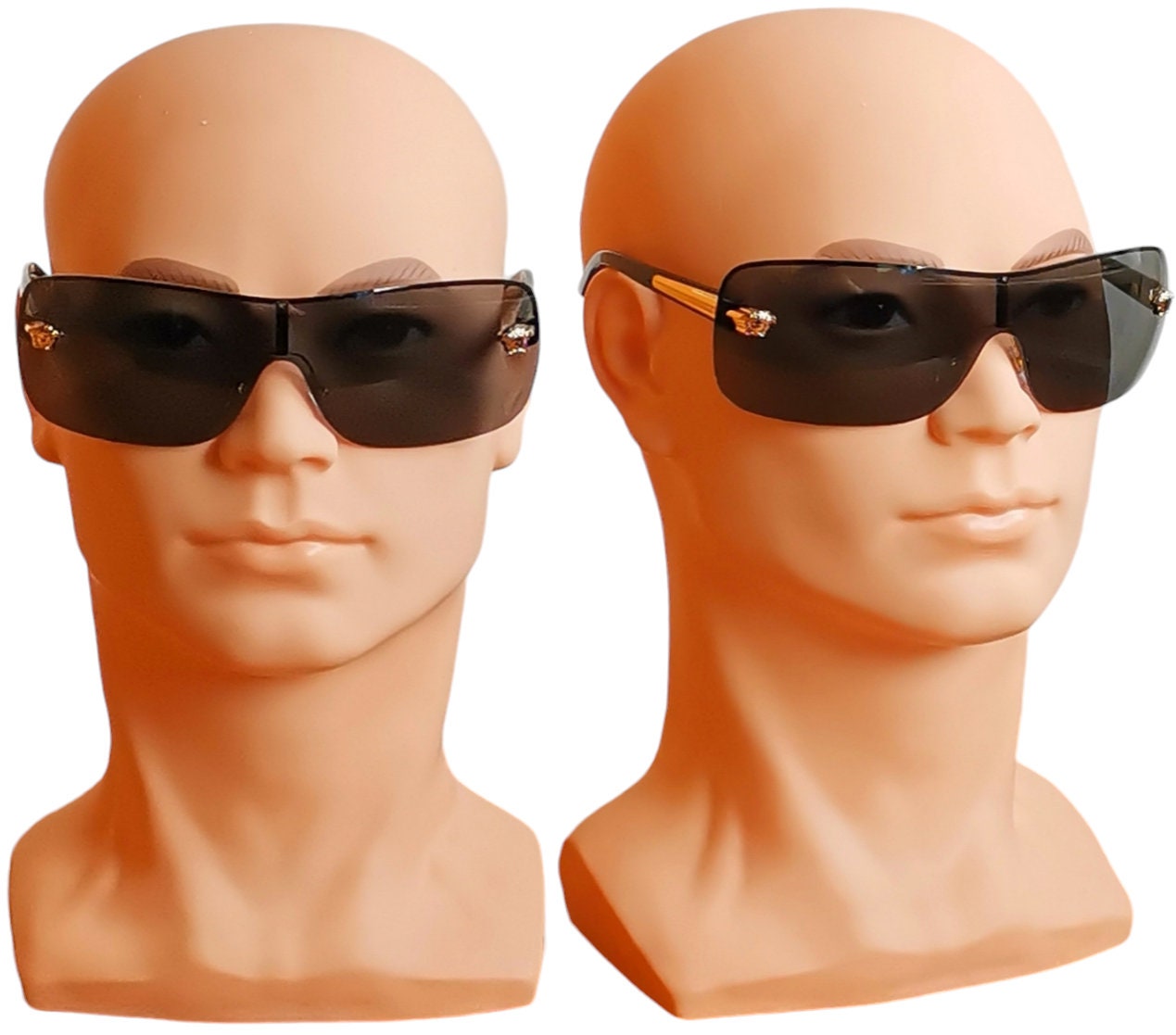 VERSACE Vintage Sunglasses Black Gold Medusa Square Frameless Mask