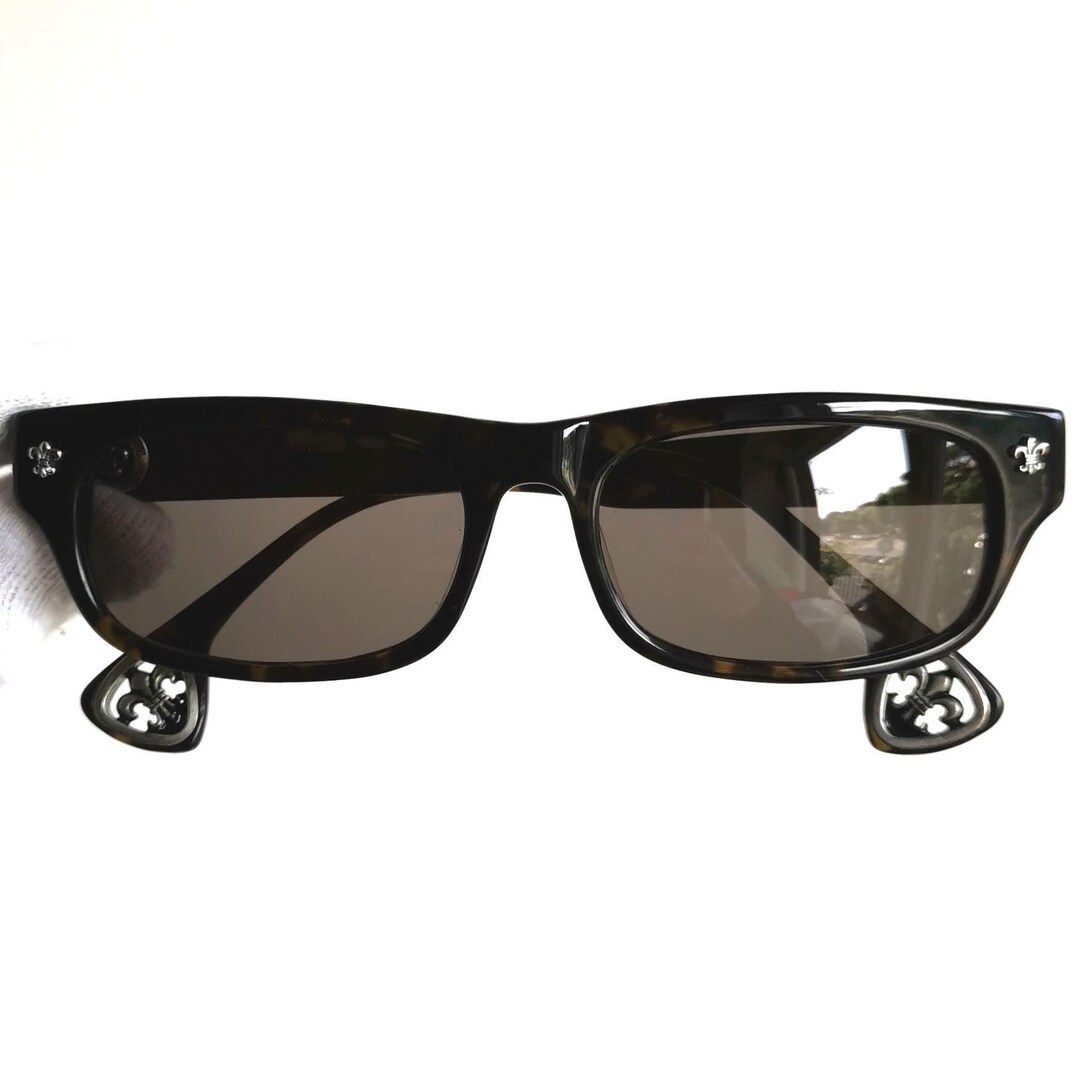 CHROME HEARTS Sunglasses Tortoise Brown Rectangular Silver Lily Cross  Drilled Rockstar Frame