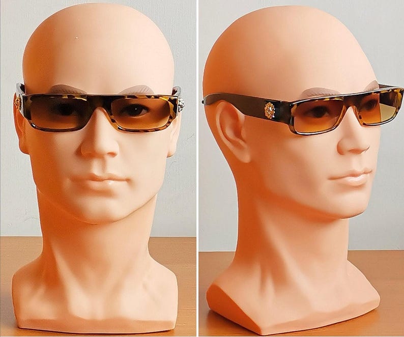 VERSACE vintage Sunglasses rare black gold lion head square frame Gianni VERSUS E02 rectangular 90s brown yellow lens Migos Rihanna designer image 5