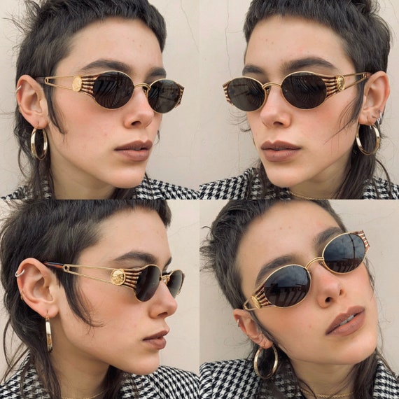 FENDI Vintage Sunglasses Oval Silver Black FS300 Offset Frame