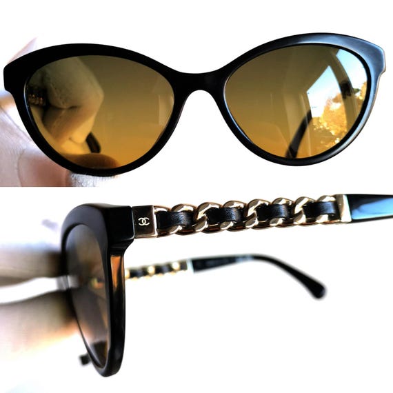 CHANEL Sunglasses Black Gold Chain Belt Leather Caviar Bag