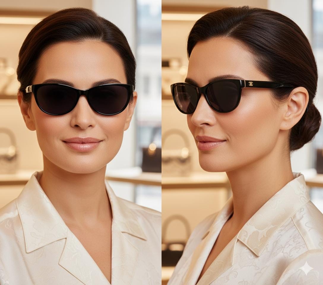 CHANEL Vintage Sunglasses Leather Insert Temple Oval Cateye Black
