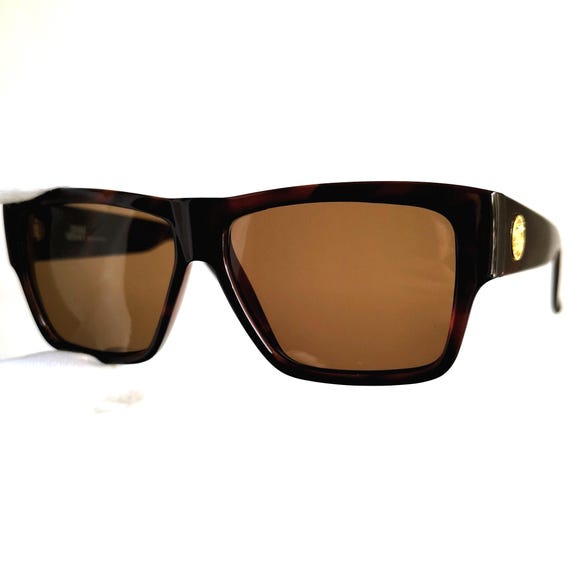 VERSACE Vintage Sunglasses Gold Medusa Brown Squared Frame 