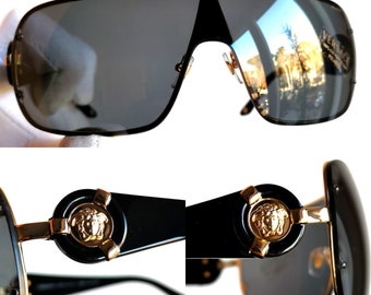 VERSACE Vintage Sunglasses Black Gold Medusa Square Rimless