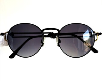 PAL ZILERI Vintage Sunglasses Black Gold Steampunk Goth Round