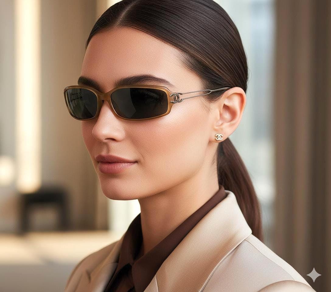 CHANEL Vintage Sunglasses Oval Rectangular Wrap Beige Silver 5038