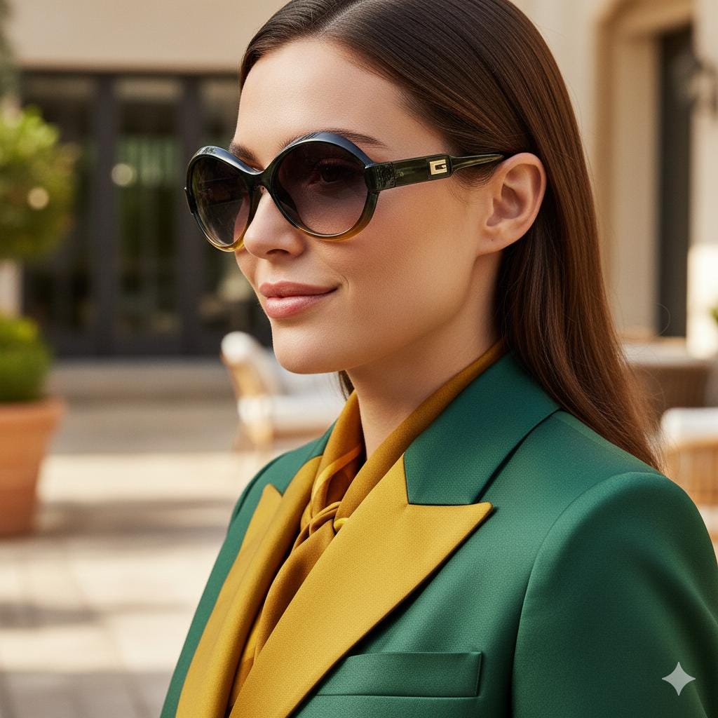 GUCCI Vintage Sunglasses Green Yellow Oval Wrap Silver Frame