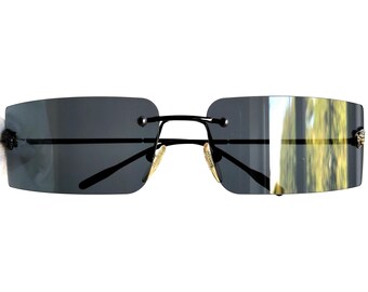 VERSACE Vintage Sunglasses Black Rectangular Rimless Medusa Gray