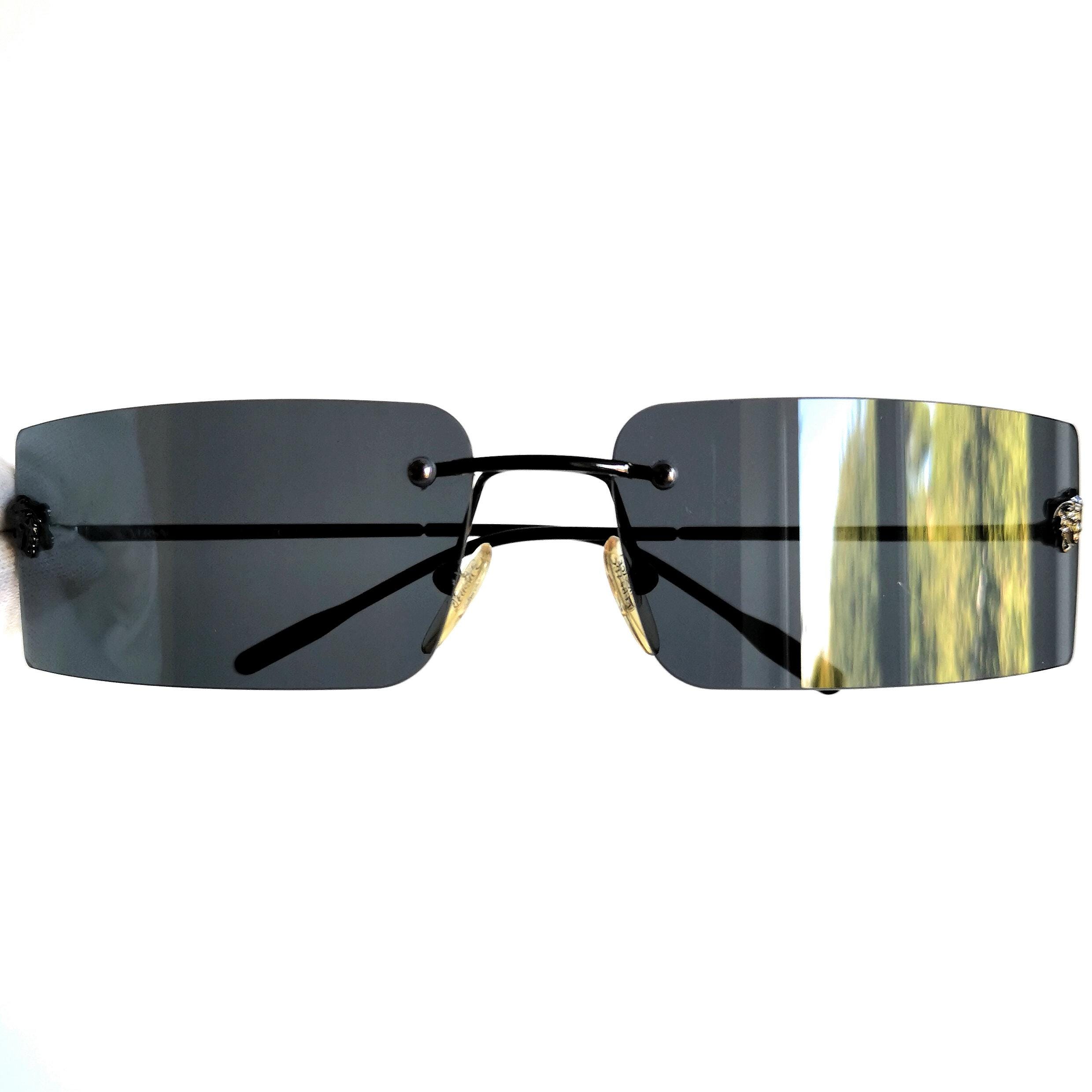 小物 VERSACE Medusa Rimless Sunglasses y2k VERSACE Vintage Sunglasses Black Rectangular Rimless Medusa Gray