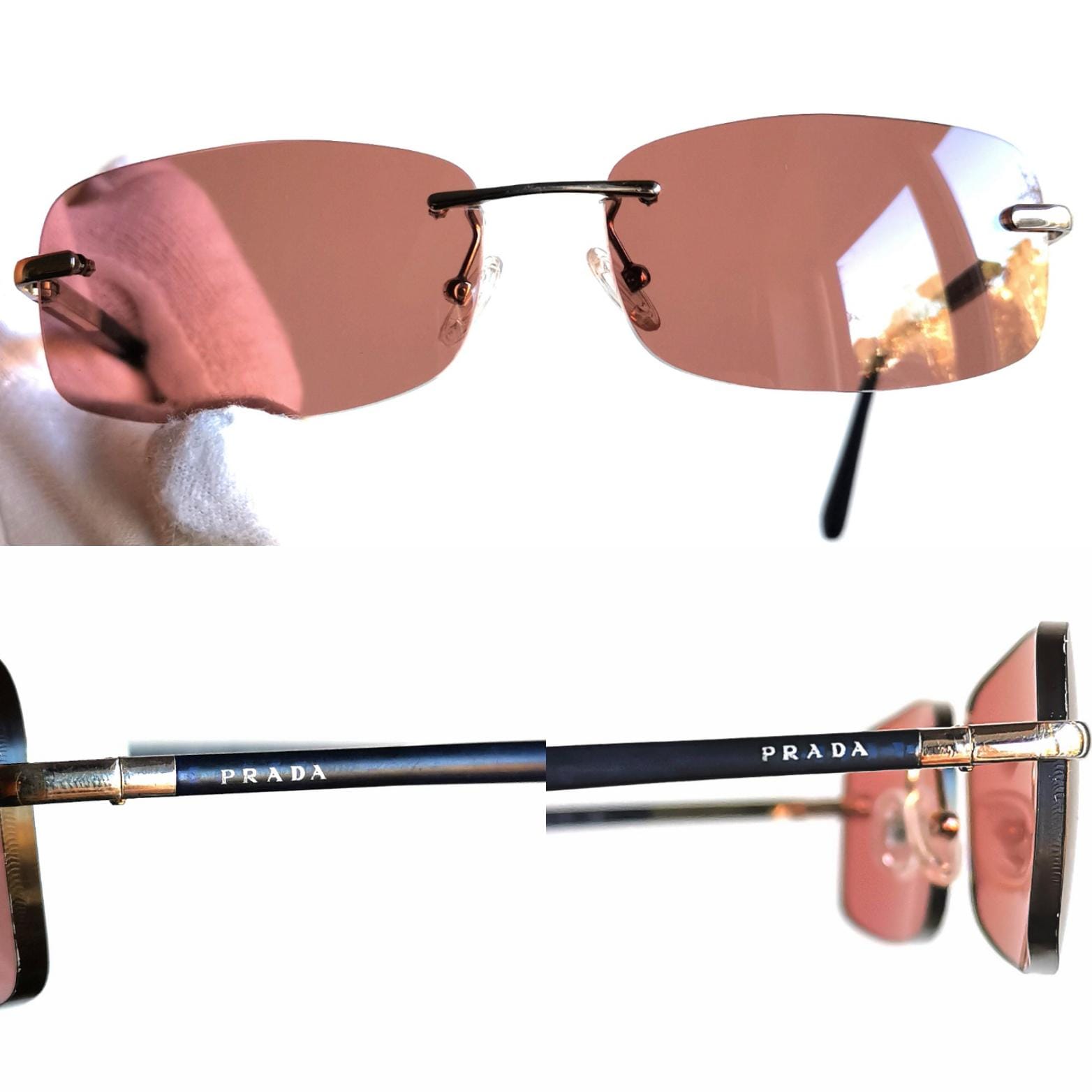 PRADA Vintage Sunglasses Frameless Oval Rectangular Blue Silver