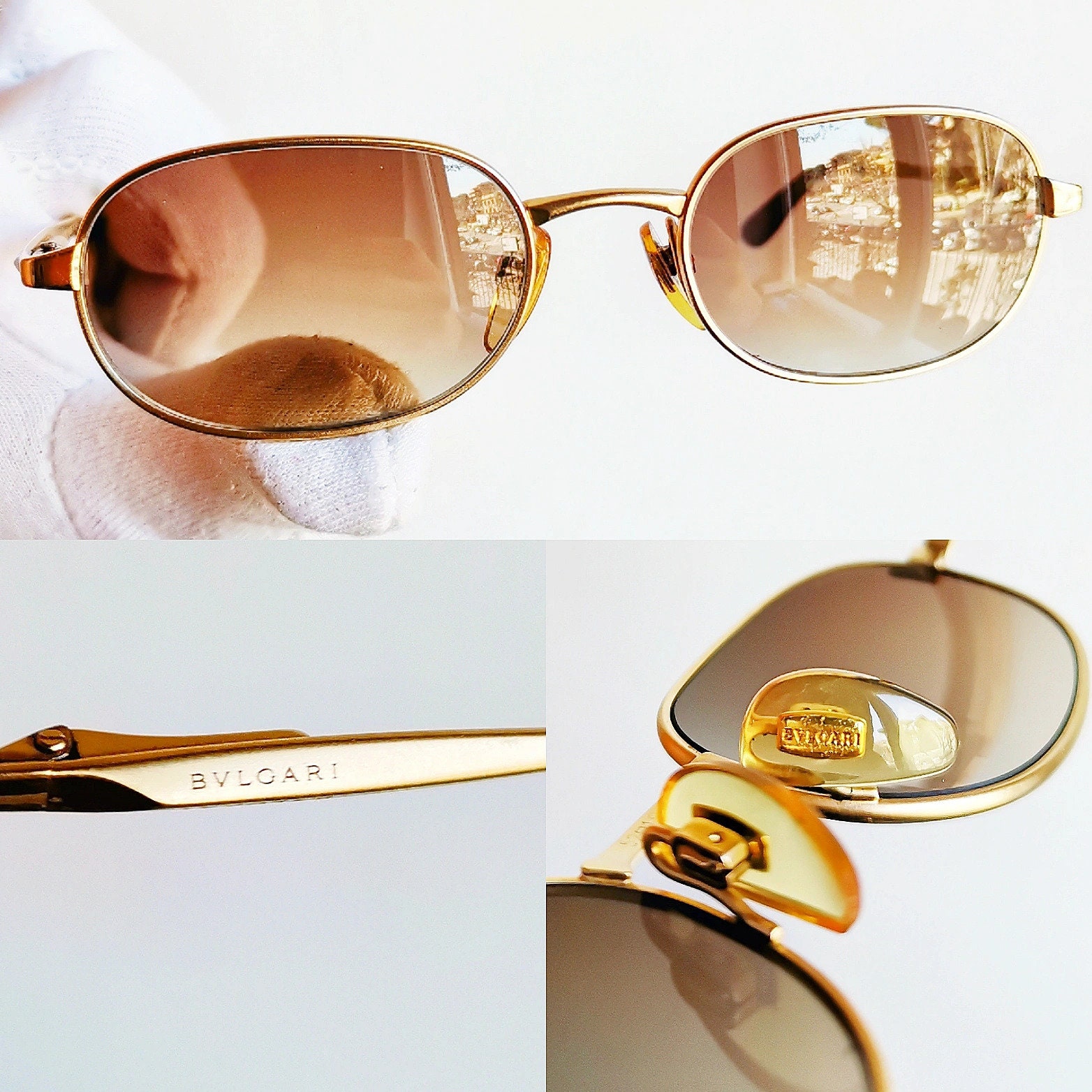 BVLGARI Vintage Sunglasses Oval Gold 101 Frame Brown Flat Blue