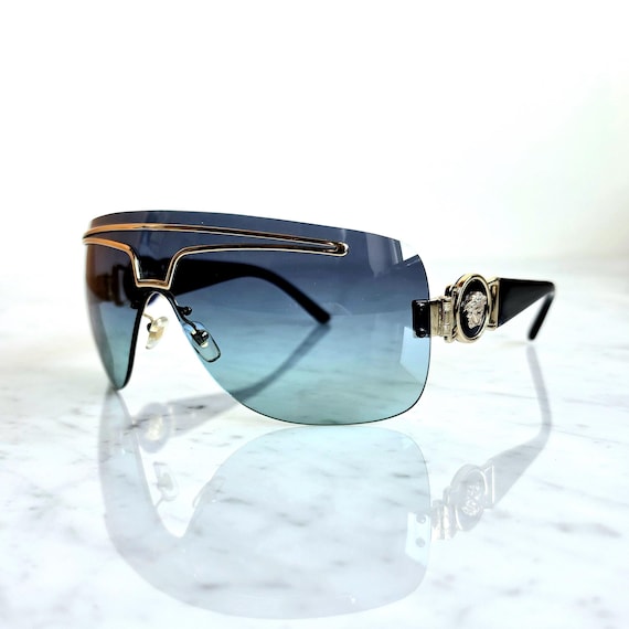 VERSACE Vintage Sunglasses Blue Gold Medusa Aviator Wrap Mask
