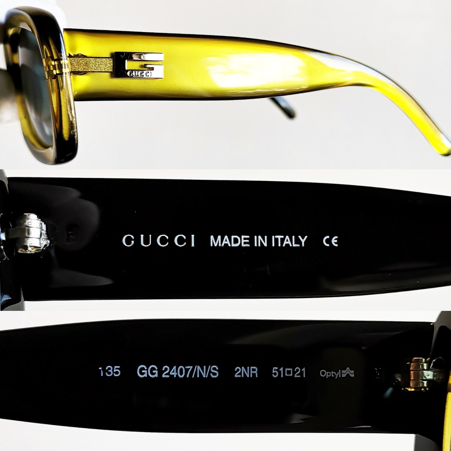 GUCCI Vintage Sunglasses Square Shiny Gold Frame GG2407/N/S