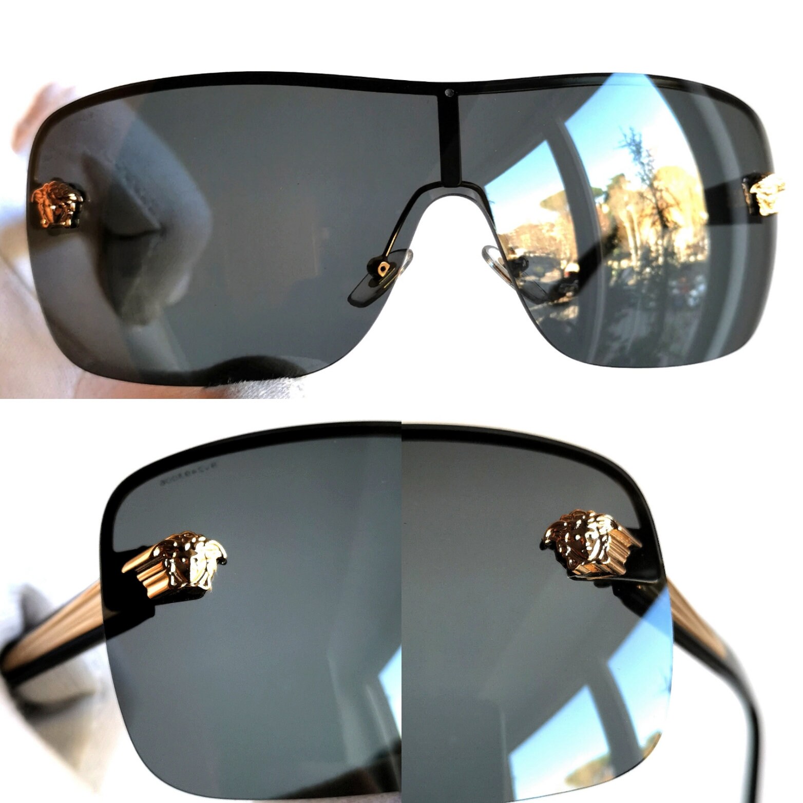 VERSACE Vintage Sunglasses Black Gold Medusa Square Frameless Mask