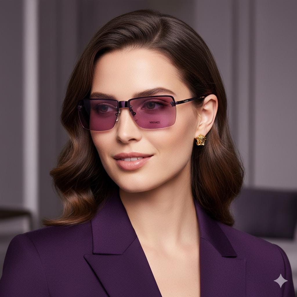 VERSACE Vintage Sunglasses Squared Purple Pink Lenses Silver VERSACE Vintage Sunglasses Squared Purple Pink Lenses Silver