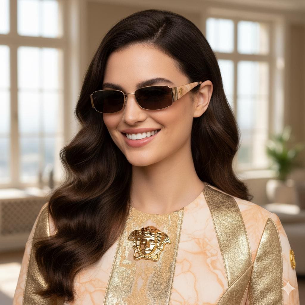 VERSACE Vintage Sunglasses Square Aviator Oval Gold Light Brown