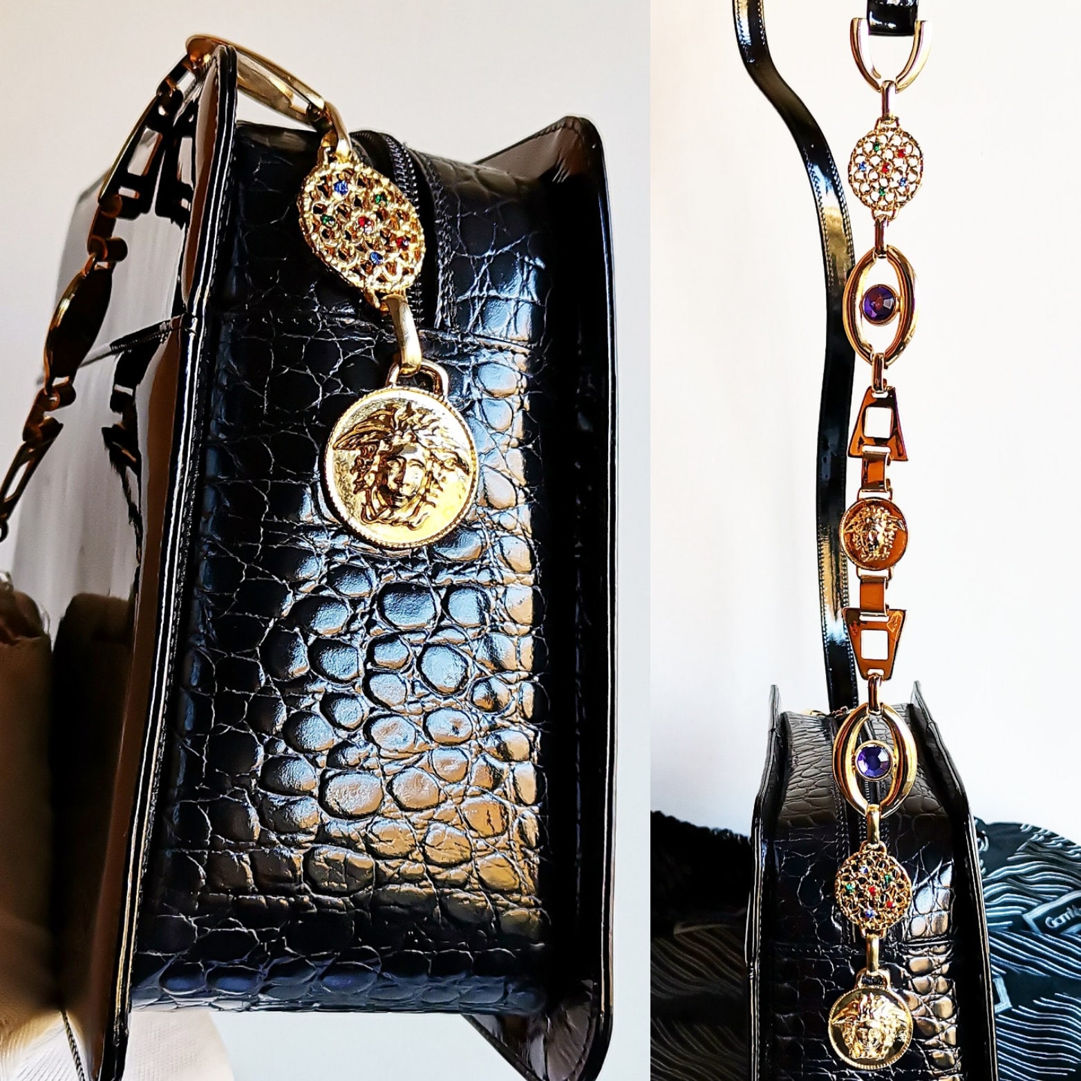 VERSACE Vintage Bag Rare Gold Shoulder Chain Greek Key Strap